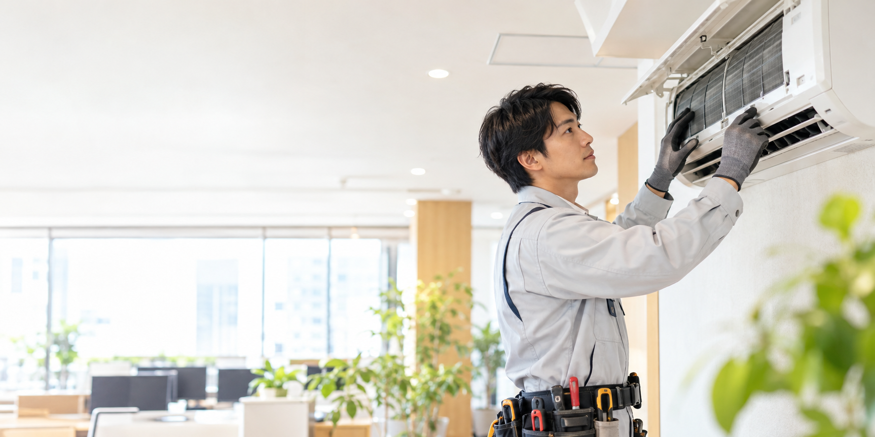 空調設備のエアコンを点検するスタッフ